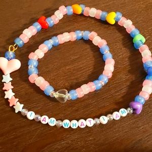 Home made bead bracelet and necklace set: transgender pride